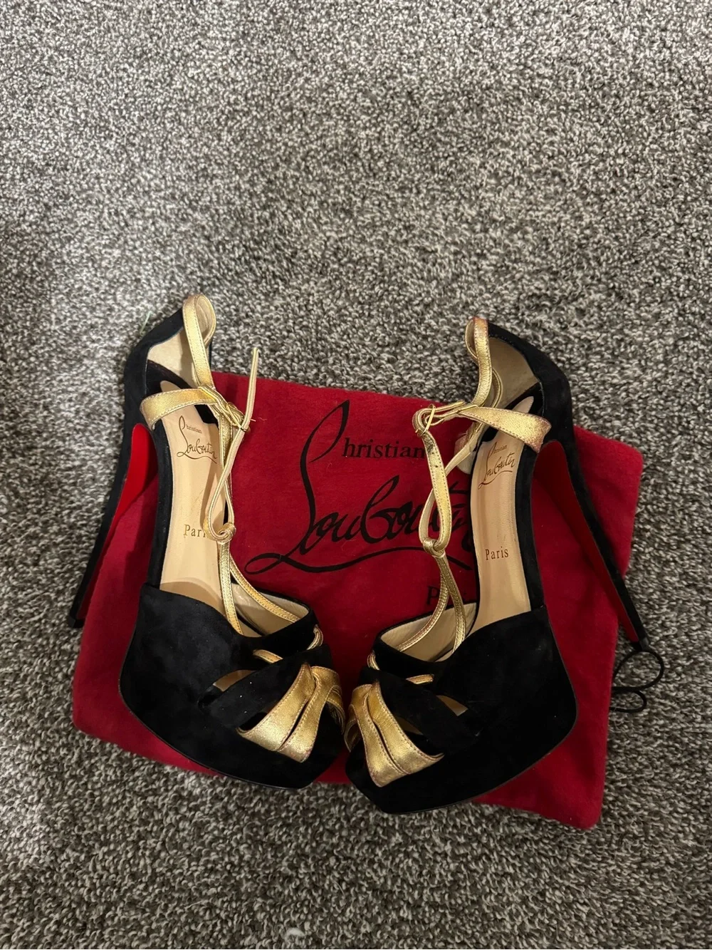 Christian Louboutin Black and Gold Suede Platform Stiletto Heels